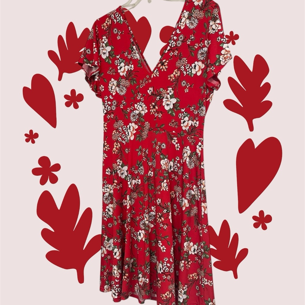 Kaileigh Red Floral Women’s Dress ~‎ Size Large